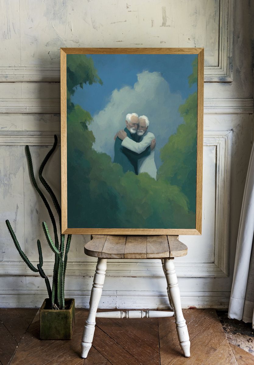 Elderly Embrace in the Clouds Print. — room view 1