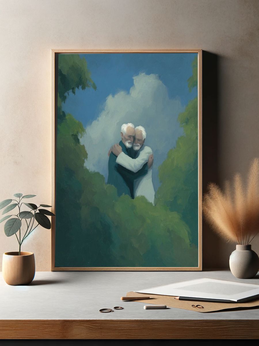 Elderly Embrace in the Clouds Print. — room view 2