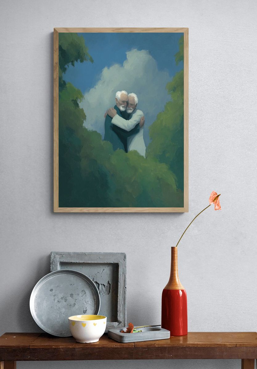 Elderly Embrace in the Clouds Print. — room view 3