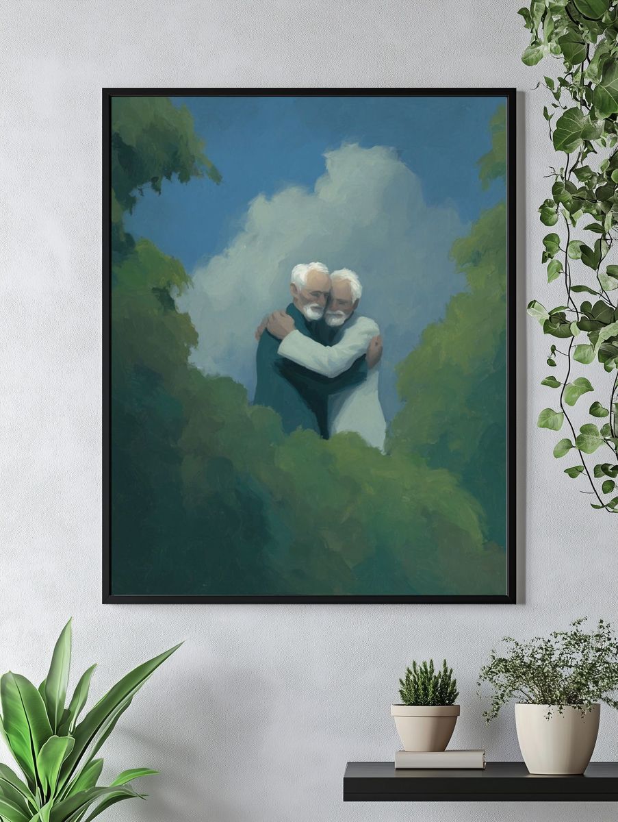 Elderly Embrace in the Clouds Print. — room view 4
