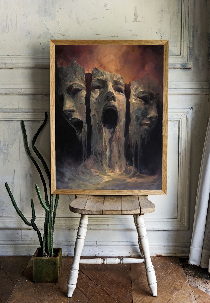 Tragic Masks Surrealism Poster. — room view 1