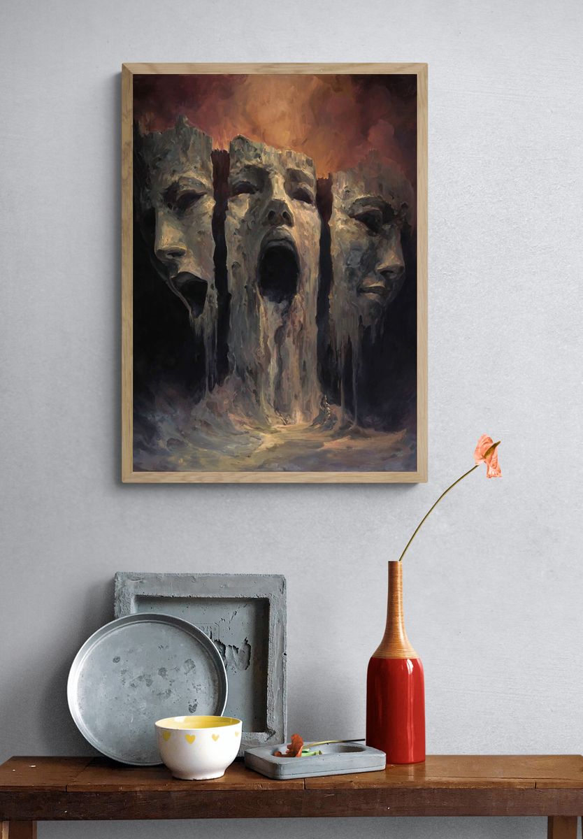 Tragic Masks Surrealism Poster. — room view 3