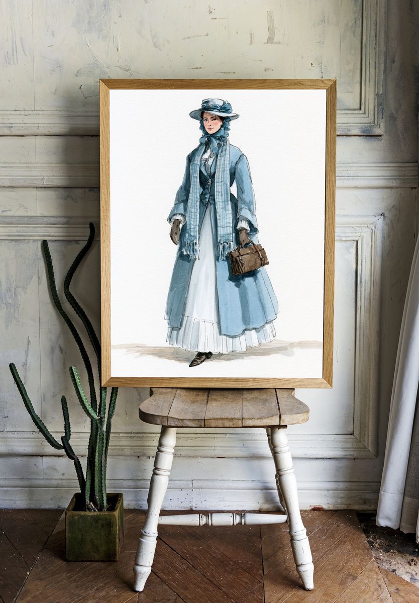 Victorian Fashion Woman Watercolor Print. room preview