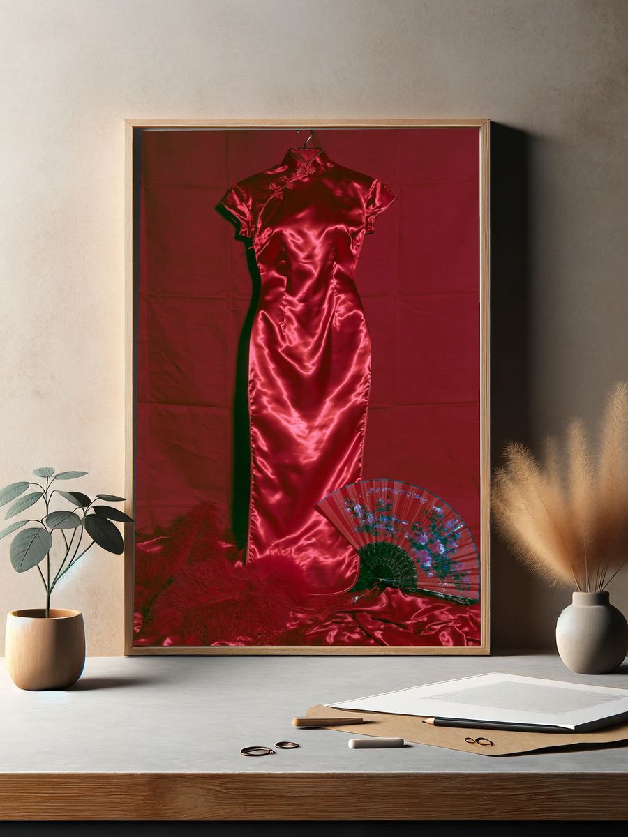 Red Satin Cheongsam Fashion Poster. — room view 2
