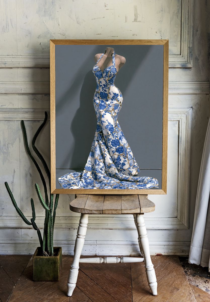 Blue Porcelain Gown Fashion Print. room preview
