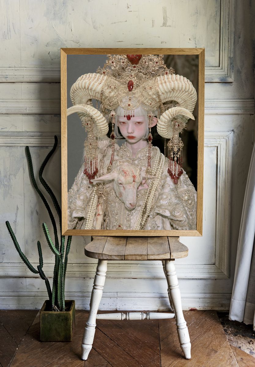 Surreal Horned Portrait Print. — room view 1