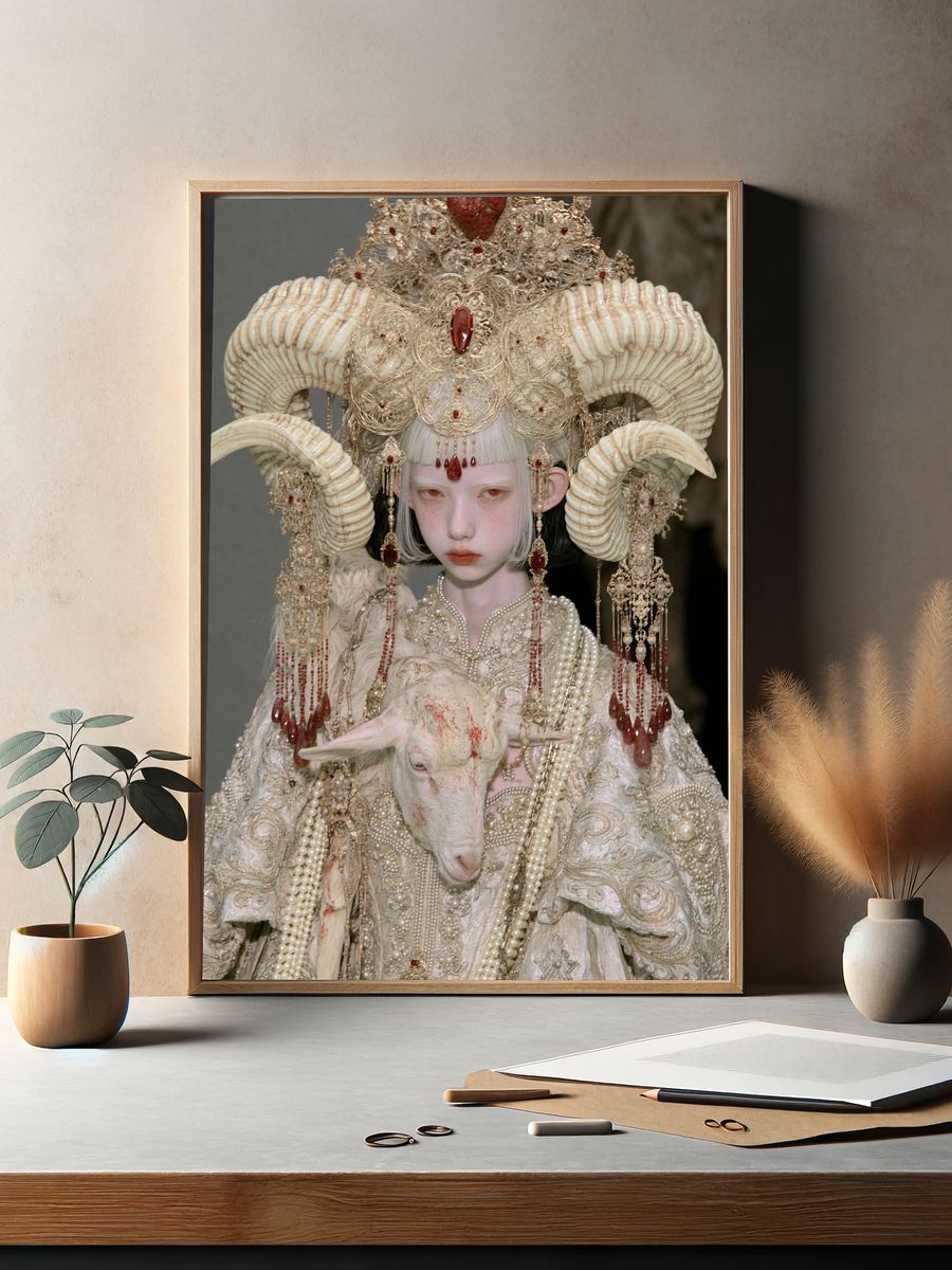 Surreal Horned Portrait Print. — room view 2