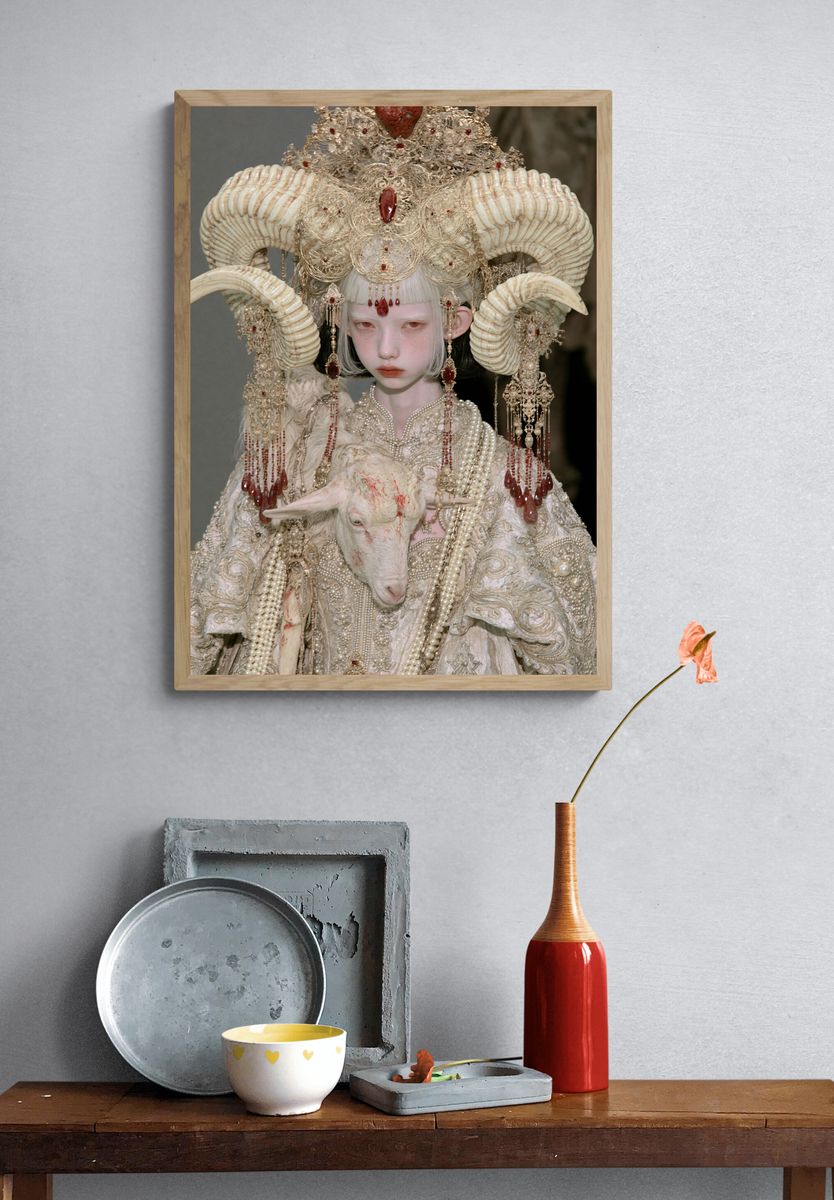 Surreal Horned Portrait Print. — room view 3