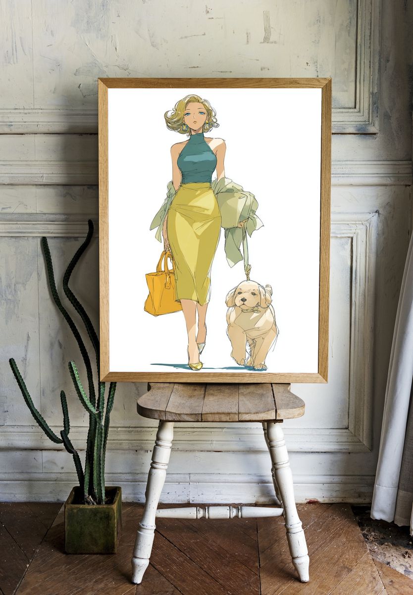 Fashion Woman and Dog Illustration Poster. — room view 1
