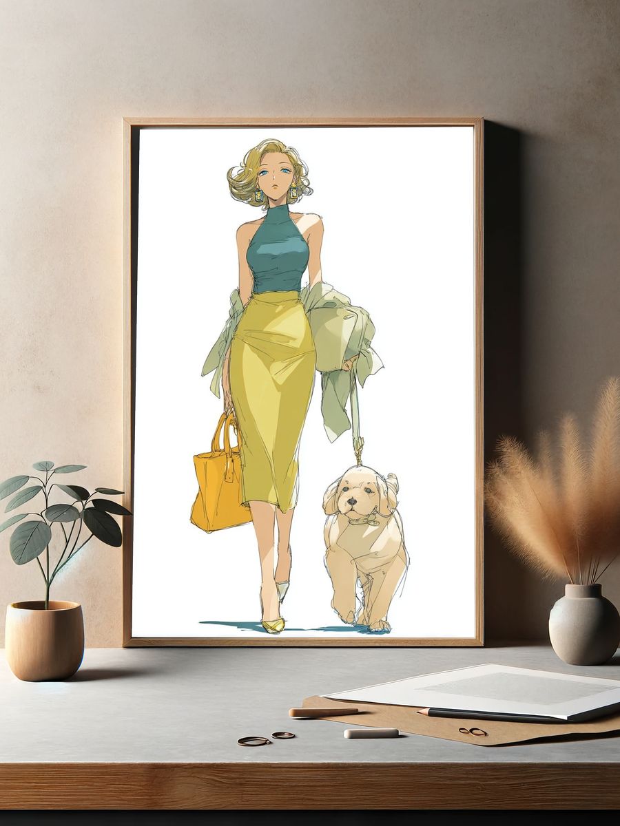 Fashion Woman and Dog Illustration Poster. — room view 2