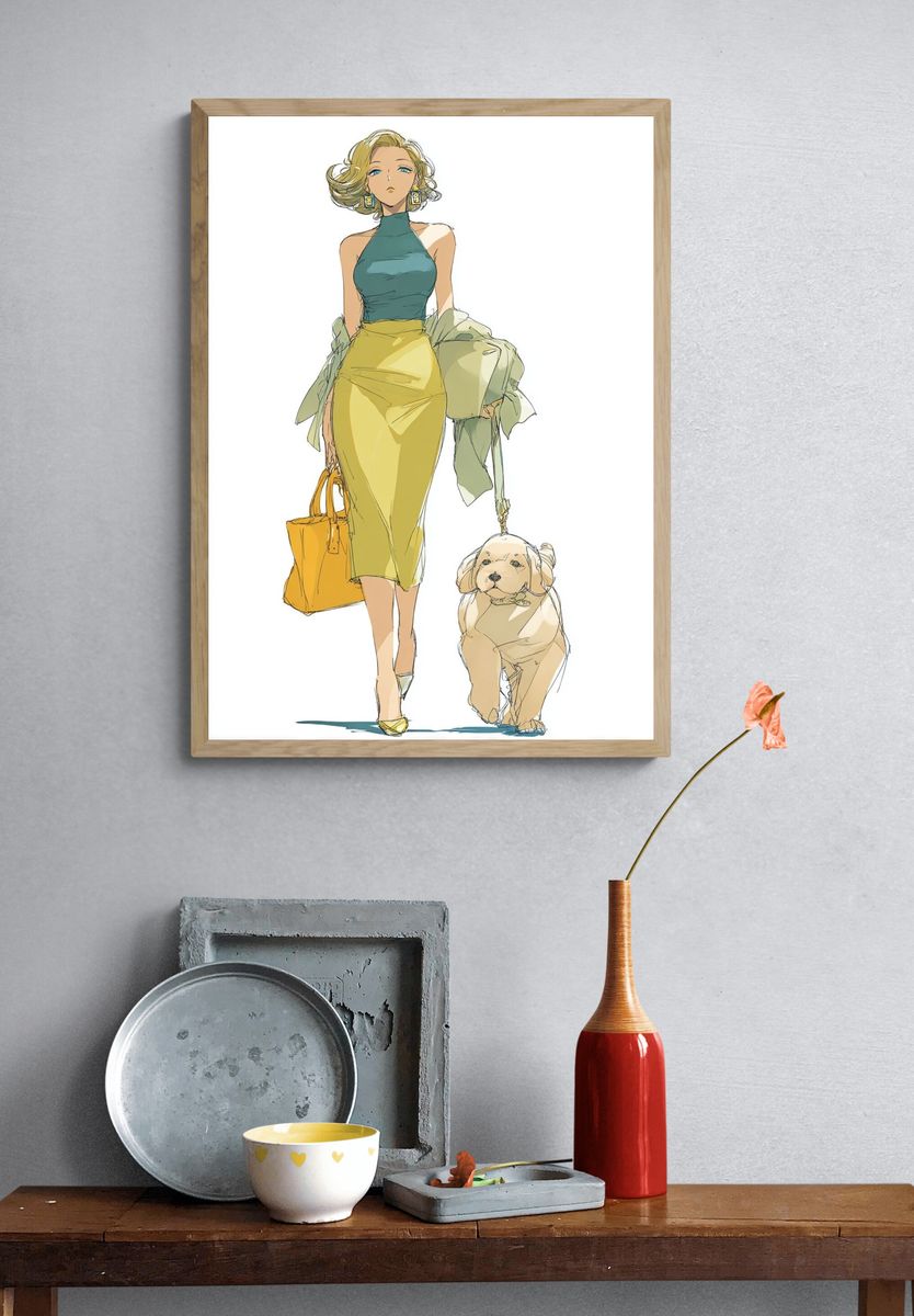 Fashion Woman and Dog Illustration Poster. — room view 3