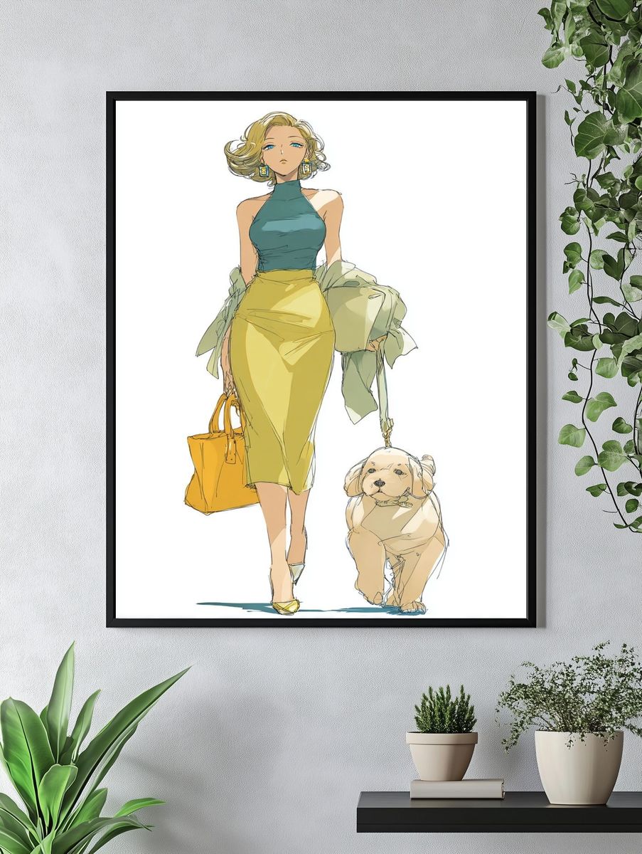 Fashion Woman and Dog Illustration Poster. — room view 4