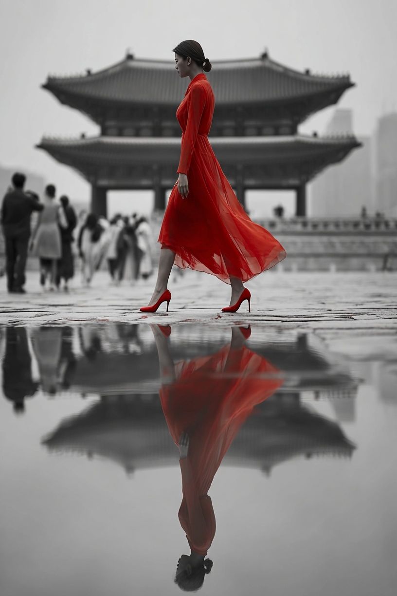 Red Dress in Seoul Fashion Poster. poster detail