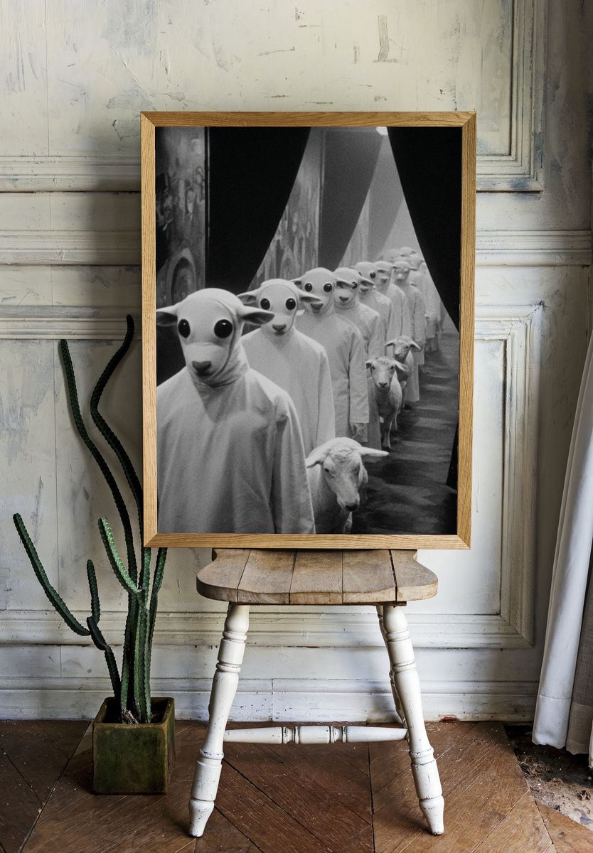 Surreal Sheep Procession Print. — room view 1