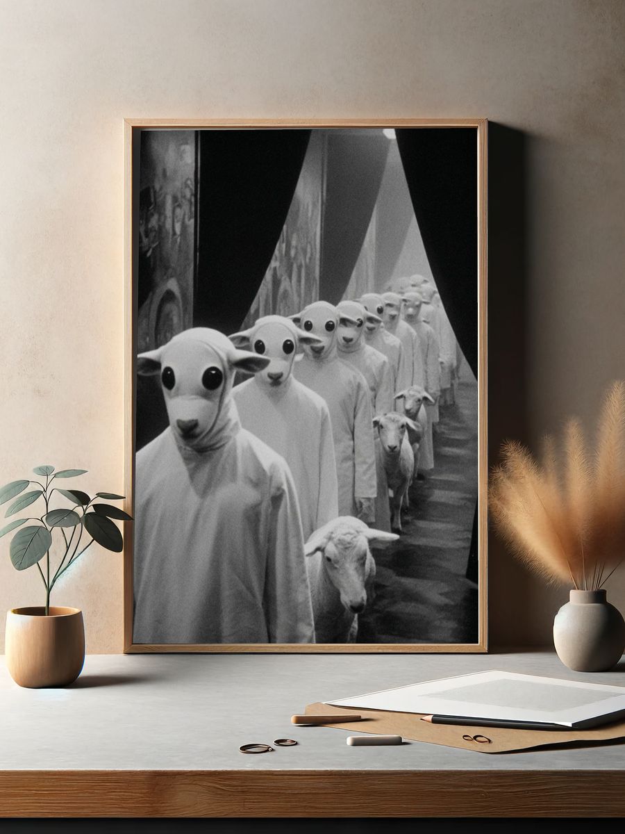 Surreal Sheep Procession Print. — room view 2