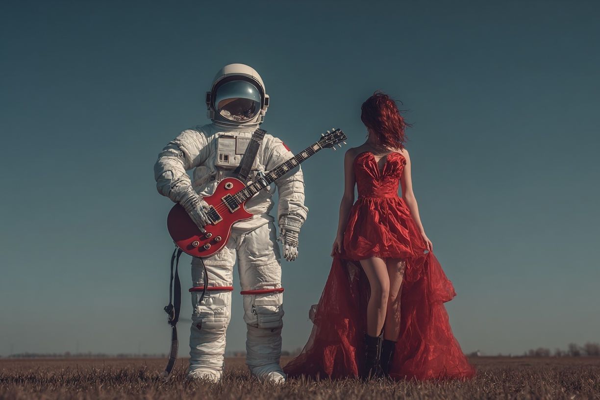 Astronaut and Red Dress Surrealism Print. poster detail