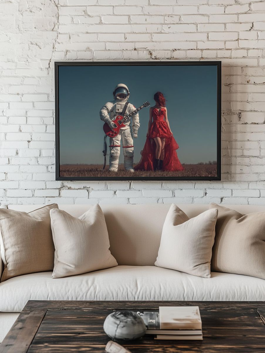 Astronaut and Red Dress Surrealism Print. — room view 1