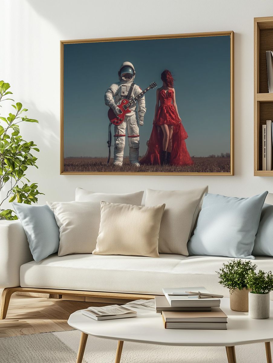 Astronaut and Red Dress Surrealism Print. — room view 2