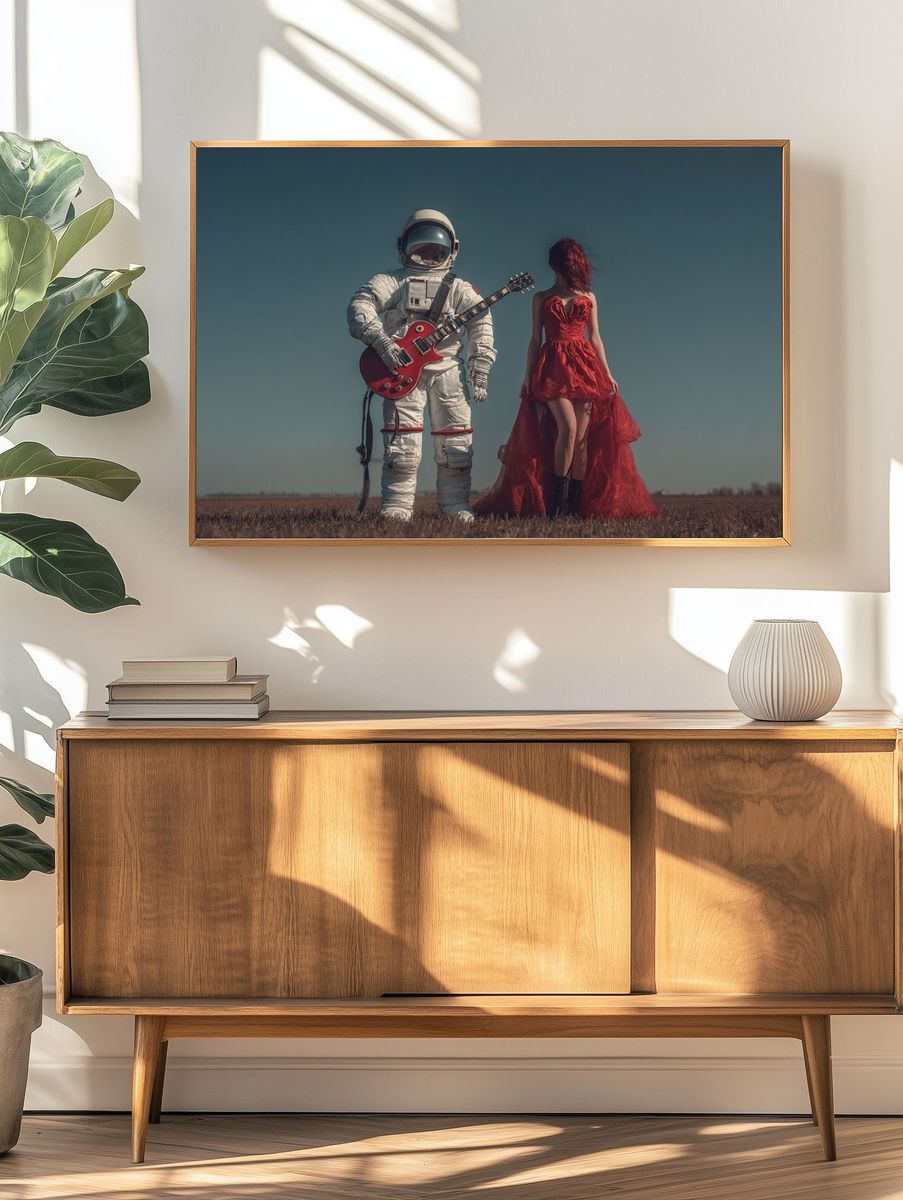 Astronaut and Red Dress Surrealism Print. — room view 3