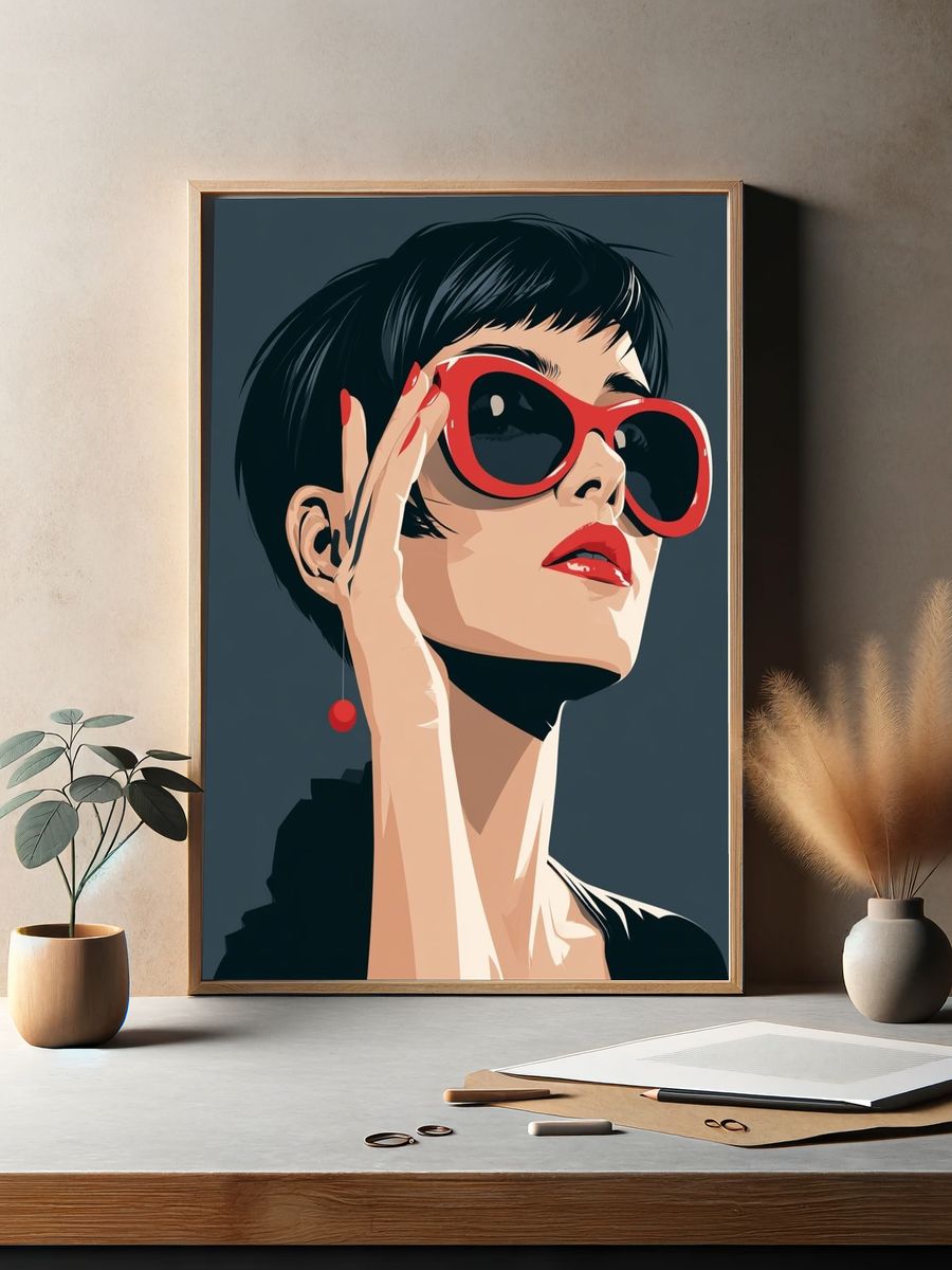 Red Sunglasses Portrait Illustration Poster. — room view 2
