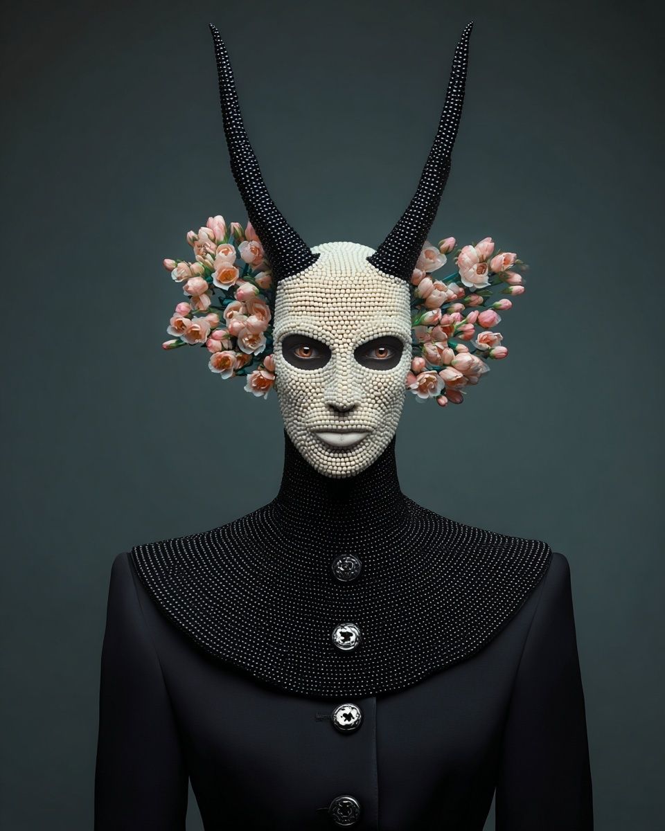 Surreal Horned Mask Portrait Print. poster — fine-art art