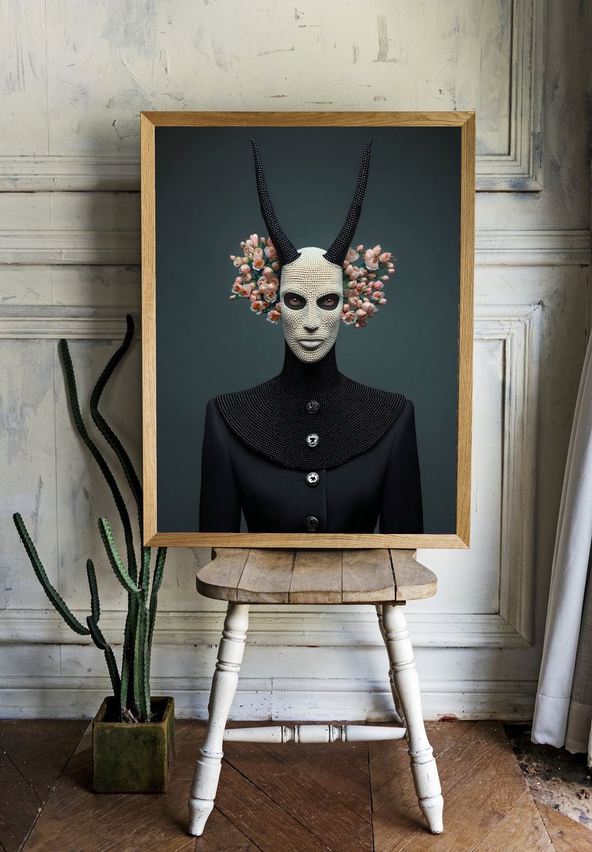 Surreal Horned Mask Portrait Print. — room view 1