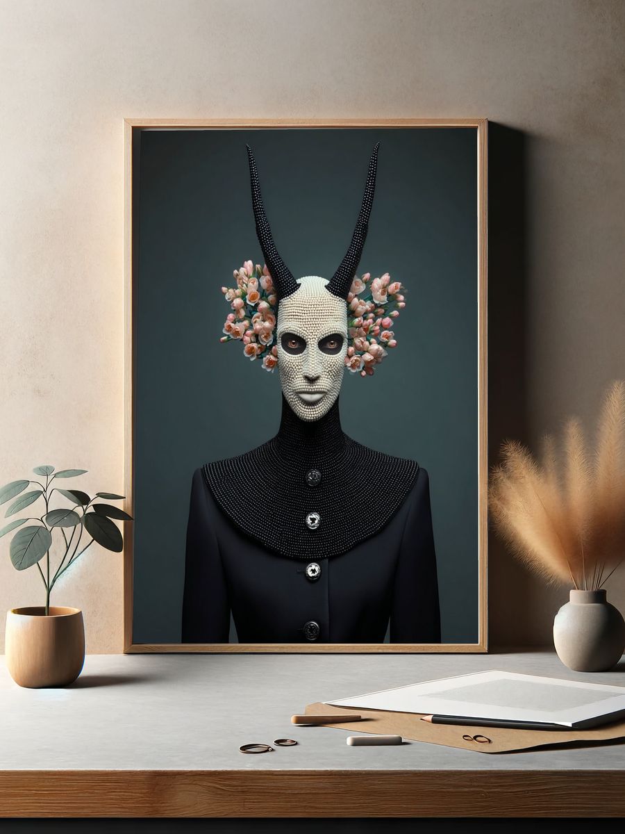 Surreal Horned Mask Portrait Print. — room view 2