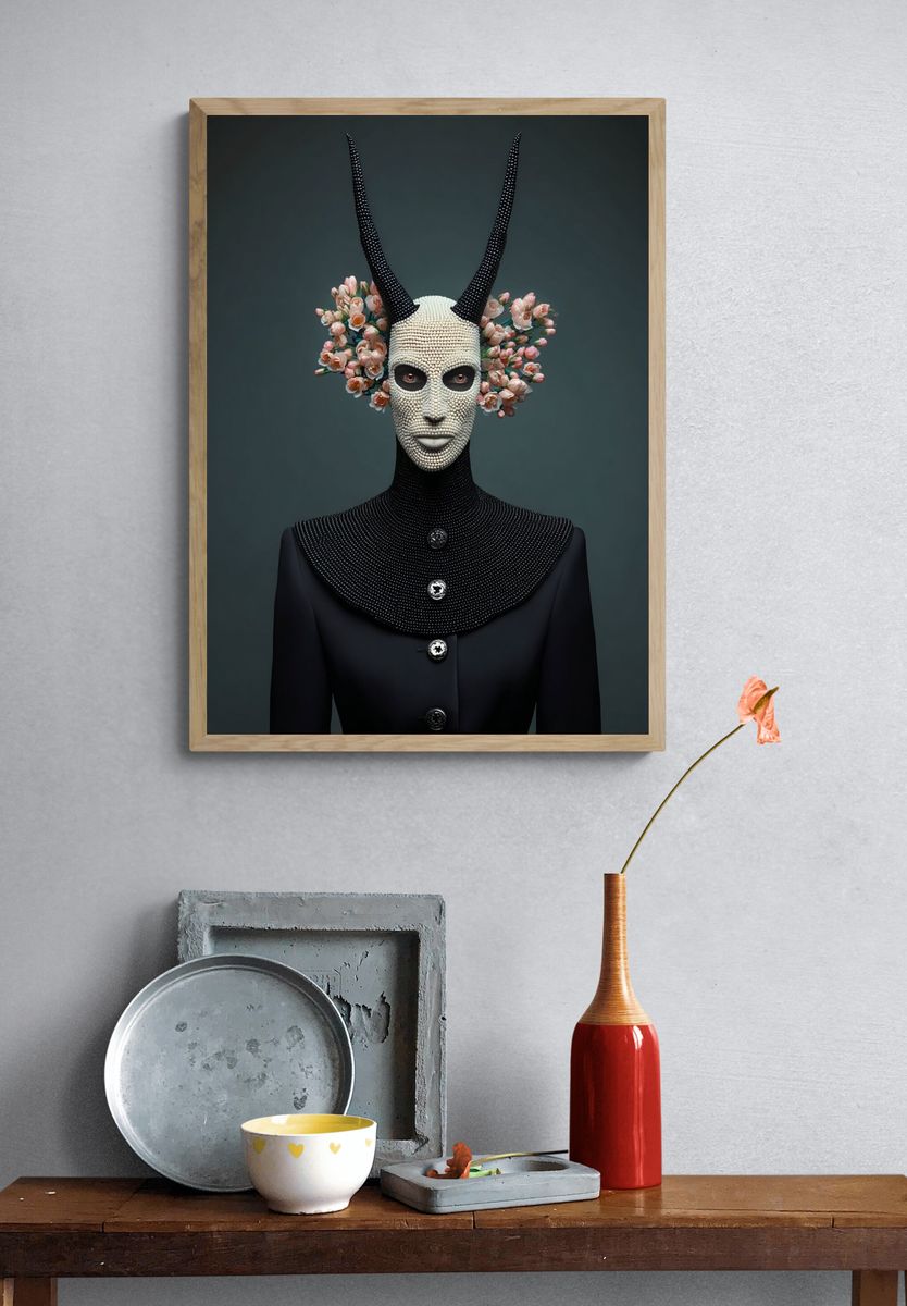 Surreal Horned Mask Portrait Print. — room view 3