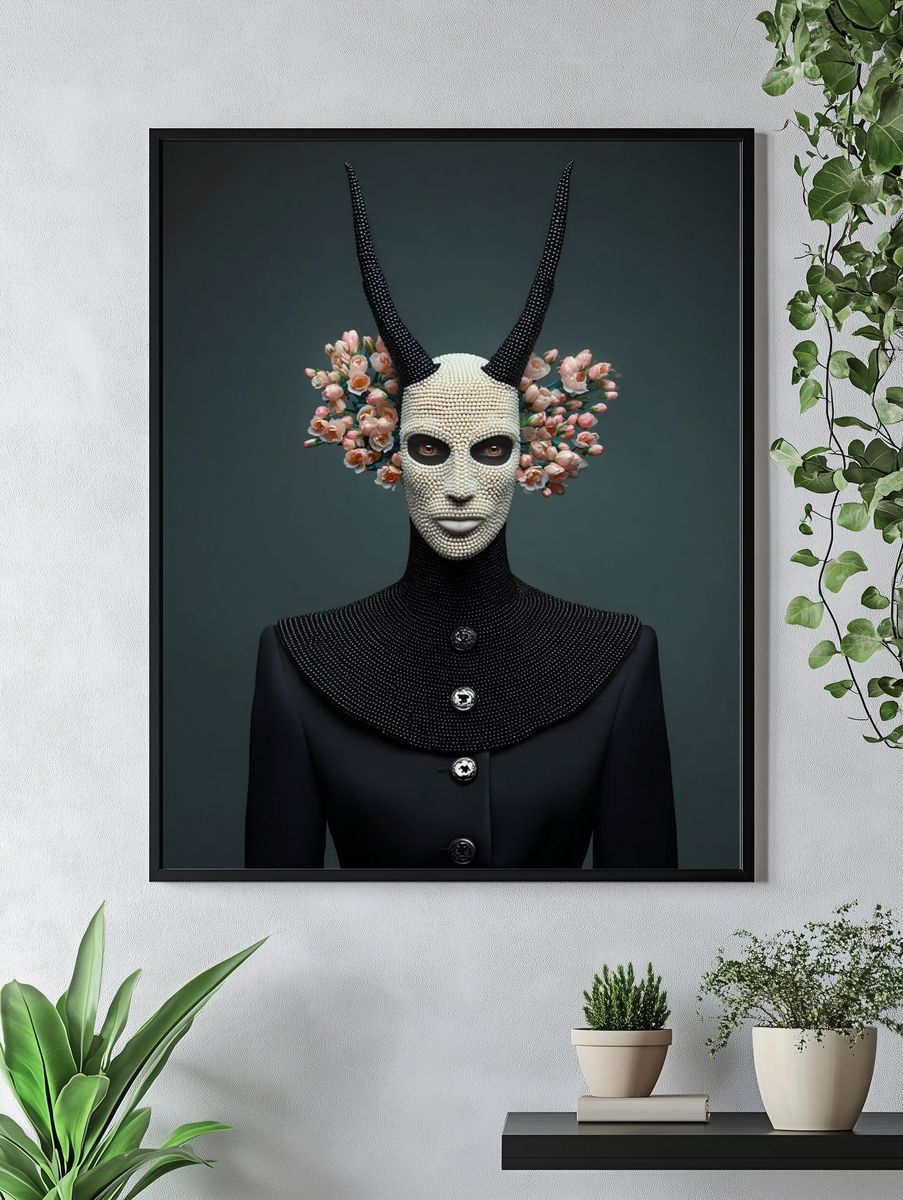 Surreal Horned Mask Portrait Print. — room view 4