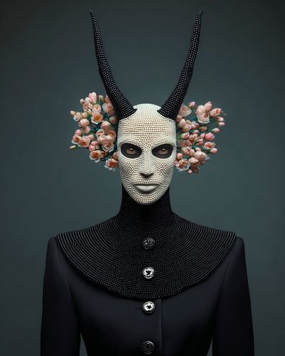 Surreal Horned Mask Portrait Print. poster