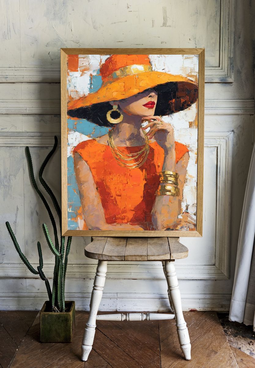 Orange Hat Fashion Portrait Print. — room view 1