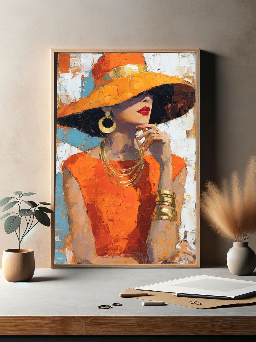 Orange Hat Fashion Portrait Print. — room view 2