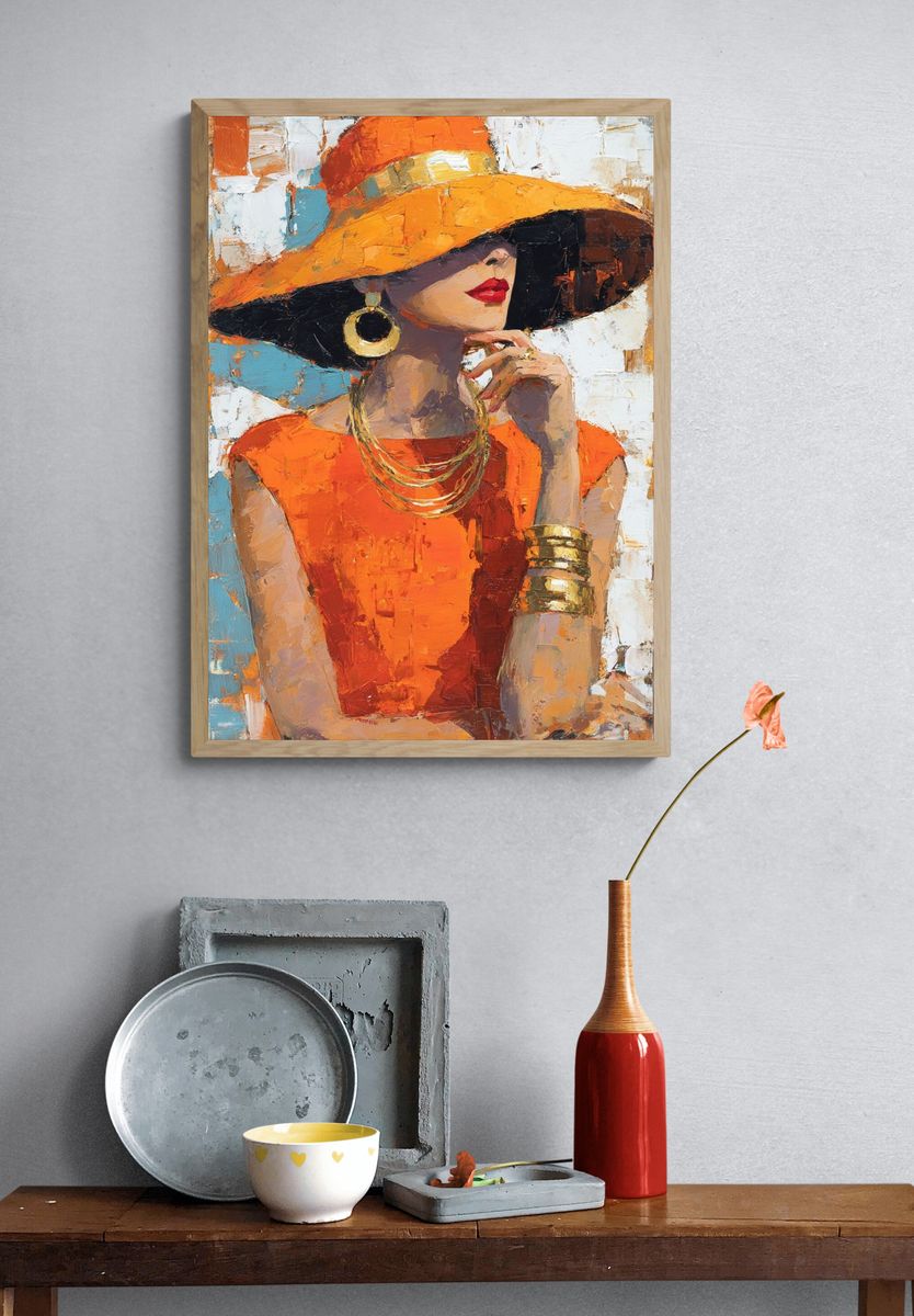 Orange Hat Fashion Portrait Print. — room view 3