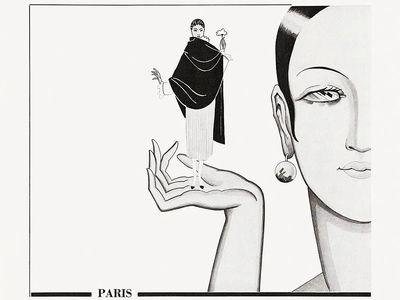 Advertisement fabrics (1931) fashion illustration.