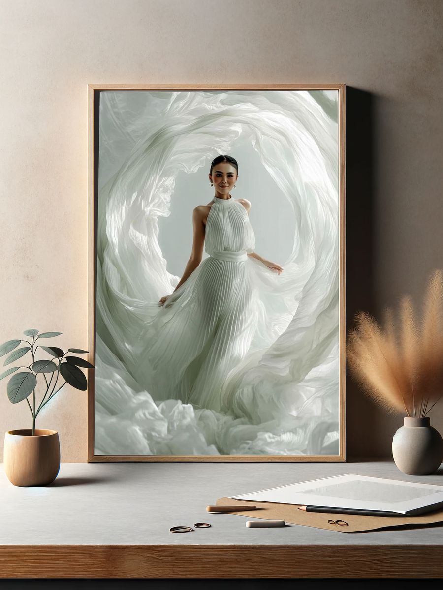 Elegant White Dress Portrait Print. — room view 2
