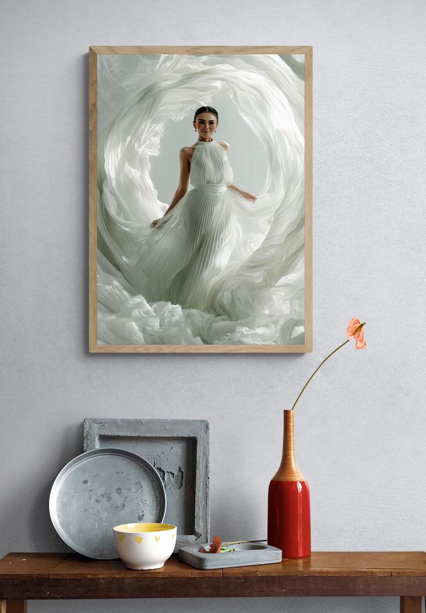 Elegant White Dress Portrait Print. — room view 3