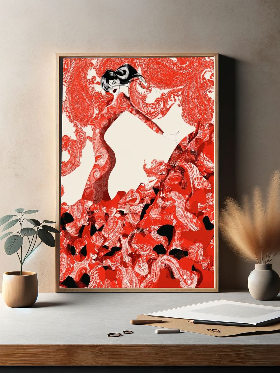 Red Fashion Silhouette Abstract Print. — room view 2