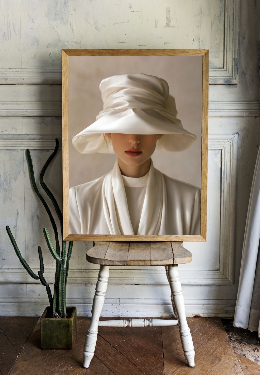 Elegant White Hat Portrait Print room preview