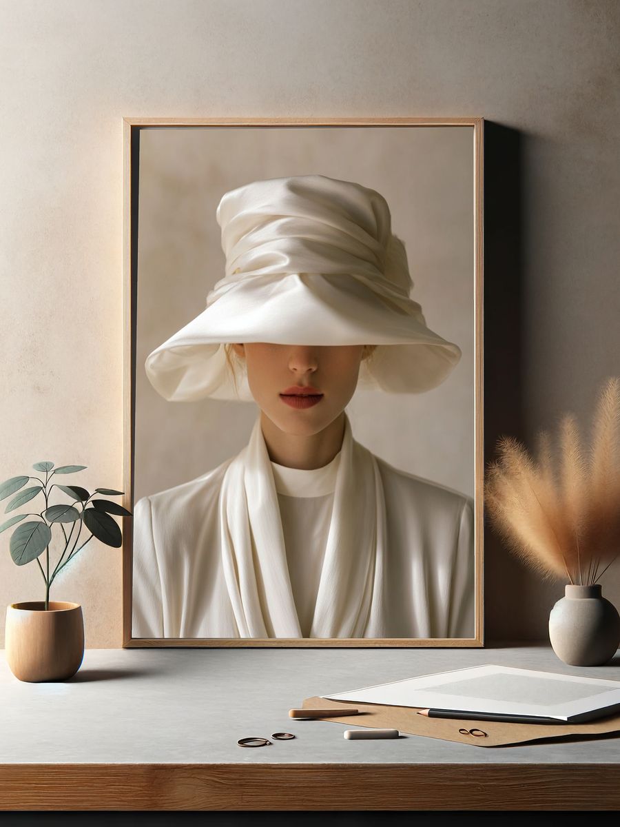 Elegant White Hat Portrait Print. — room view 2