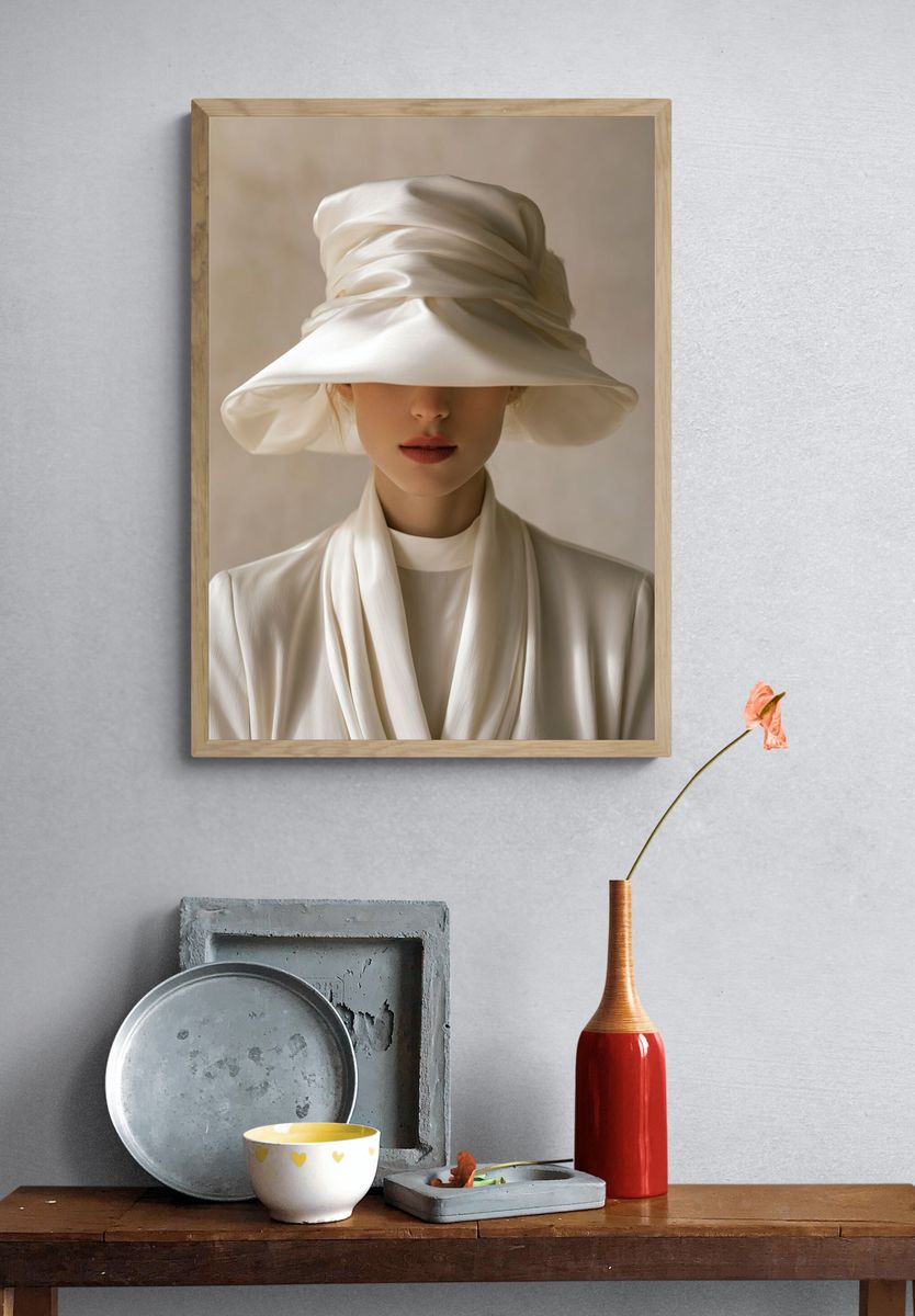 Elegant White Hat Portrait Print. — room view 3