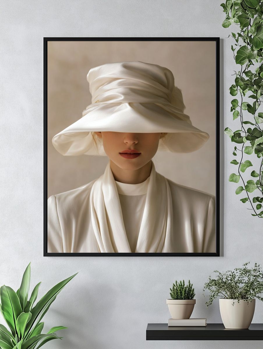 Elegant White Hat Portrait Print. — room view 4