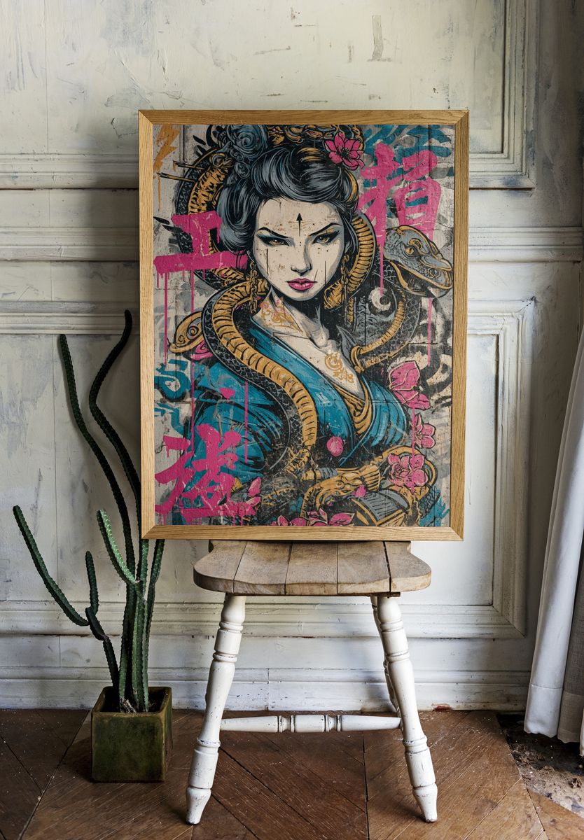 Geisha Snake Graffiti Poster. — room view 1