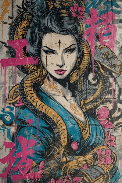 Geisha Snake Graffiti Poster. poster print