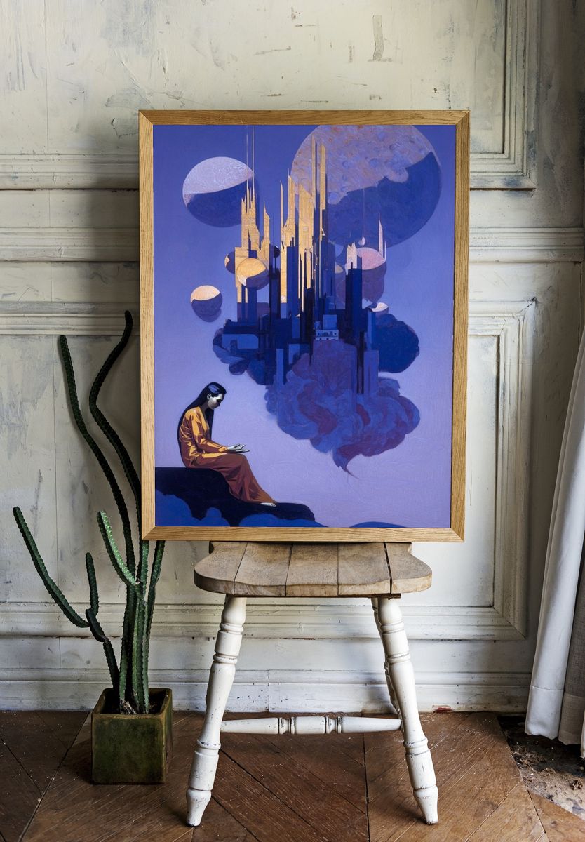 Surreal Cosmic Cityscape Print. — room view 1