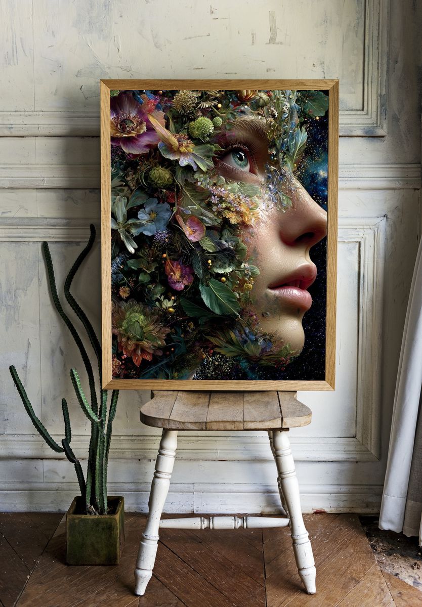 Floral Cosmic Face Surrealism Poster. — room view 1