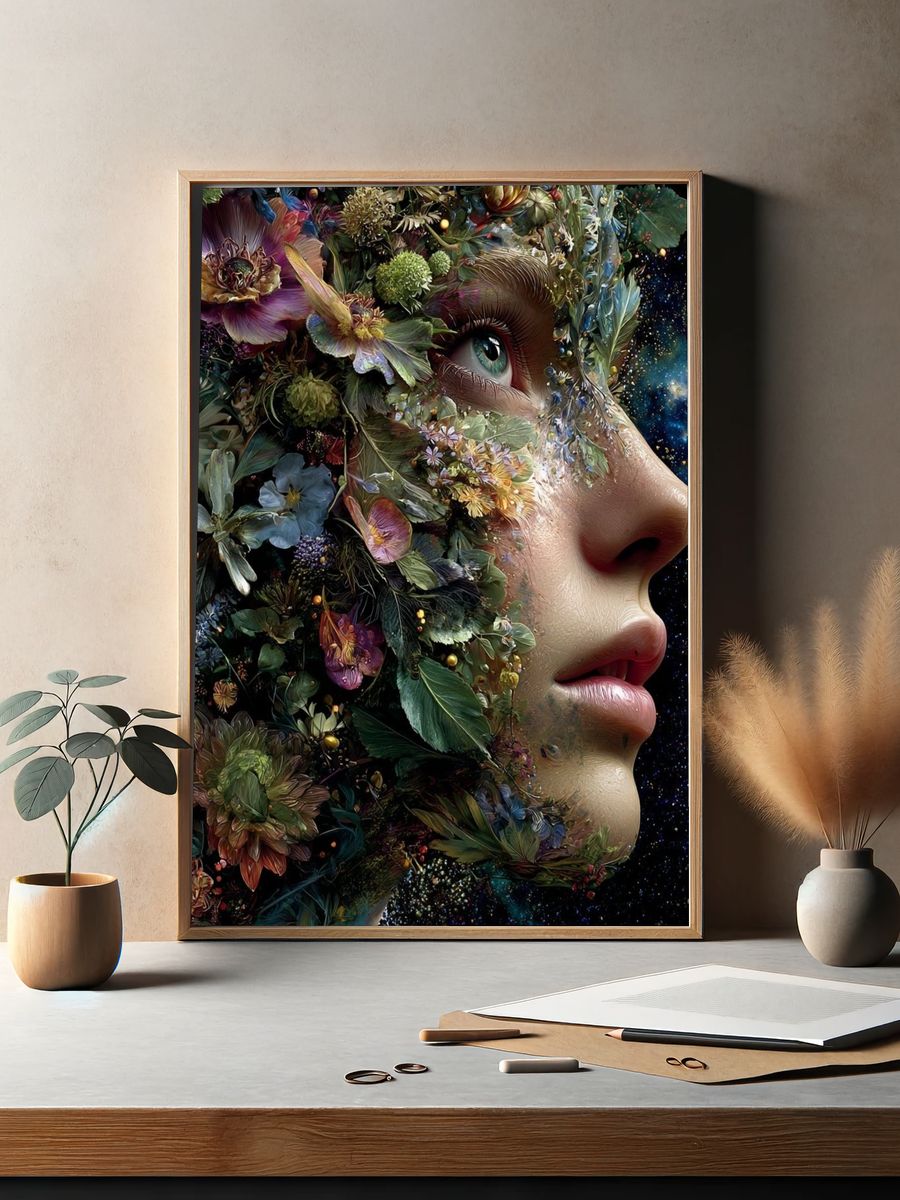Floral Cosmic Face Surrealism Poster. — room view 2