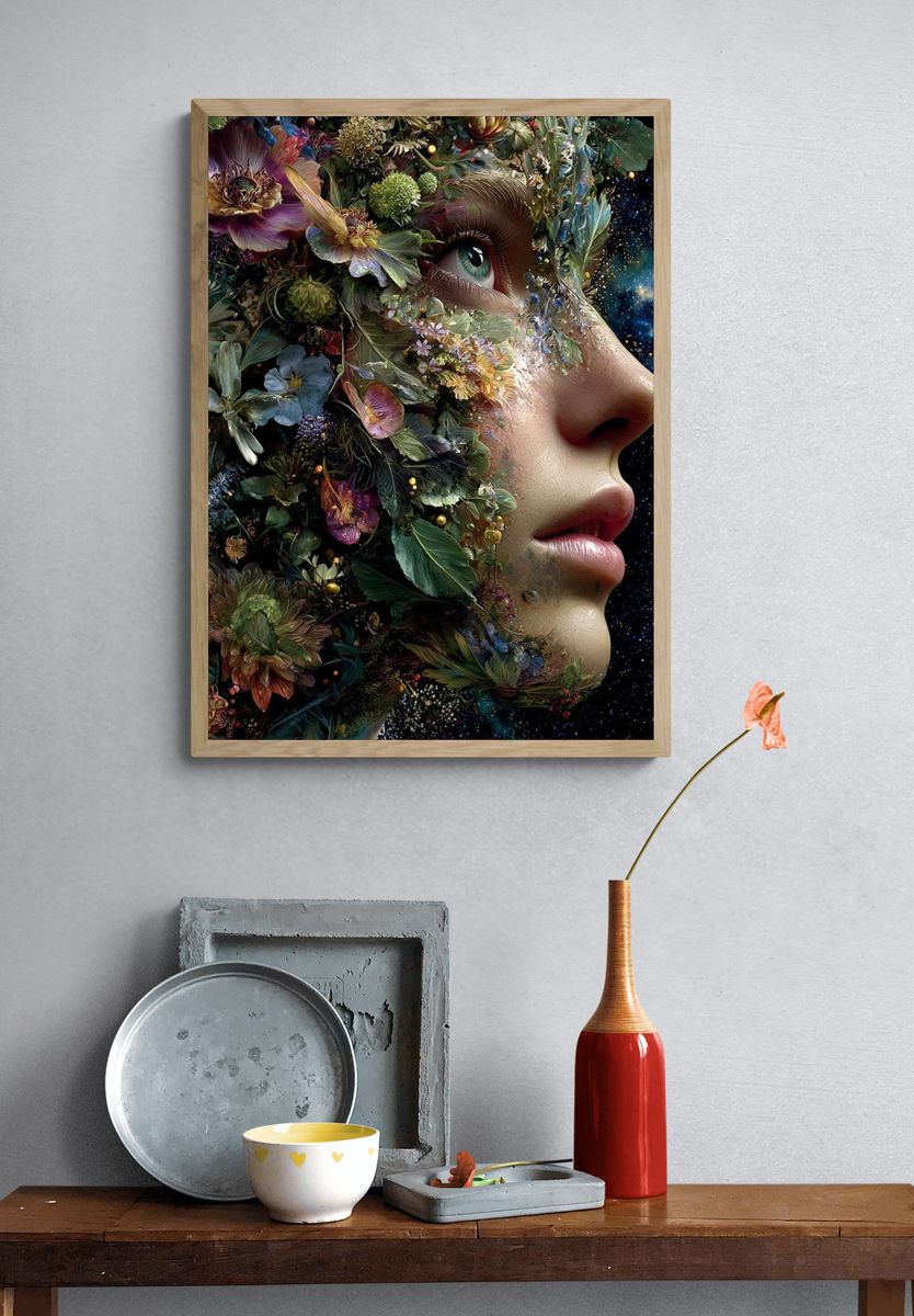 Floral Cosmic Face Surrealism Poster. — room view 3