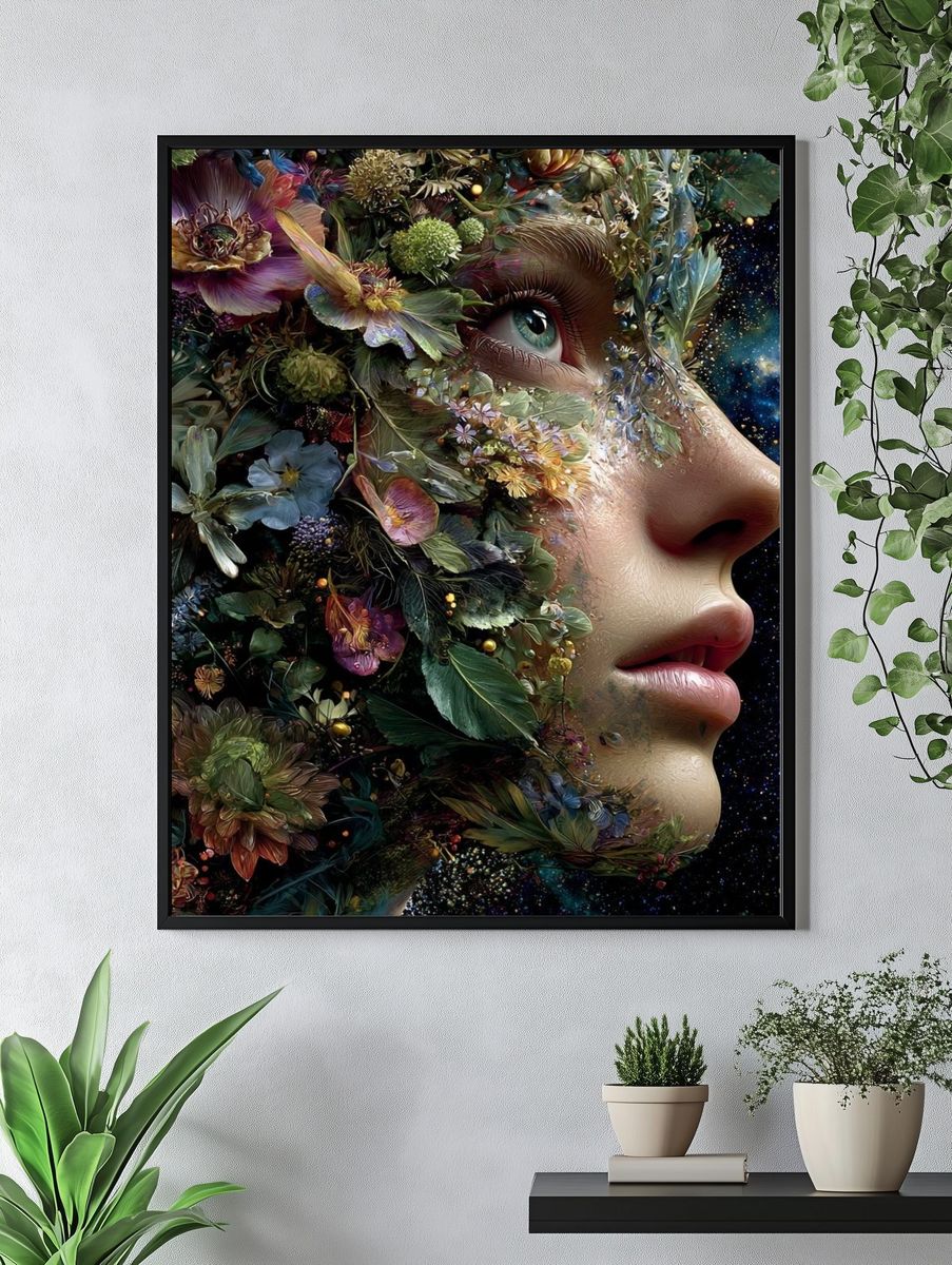 Floral Cosmic Face Surrealism Poster. — room view 4