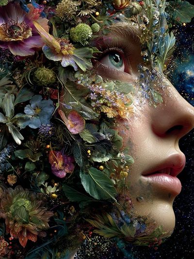 Floral Cosmic Face Surrealism Poster. poster print
