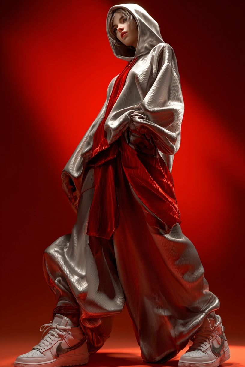 Red Hooded Fashion Portrait Poster. poster detail